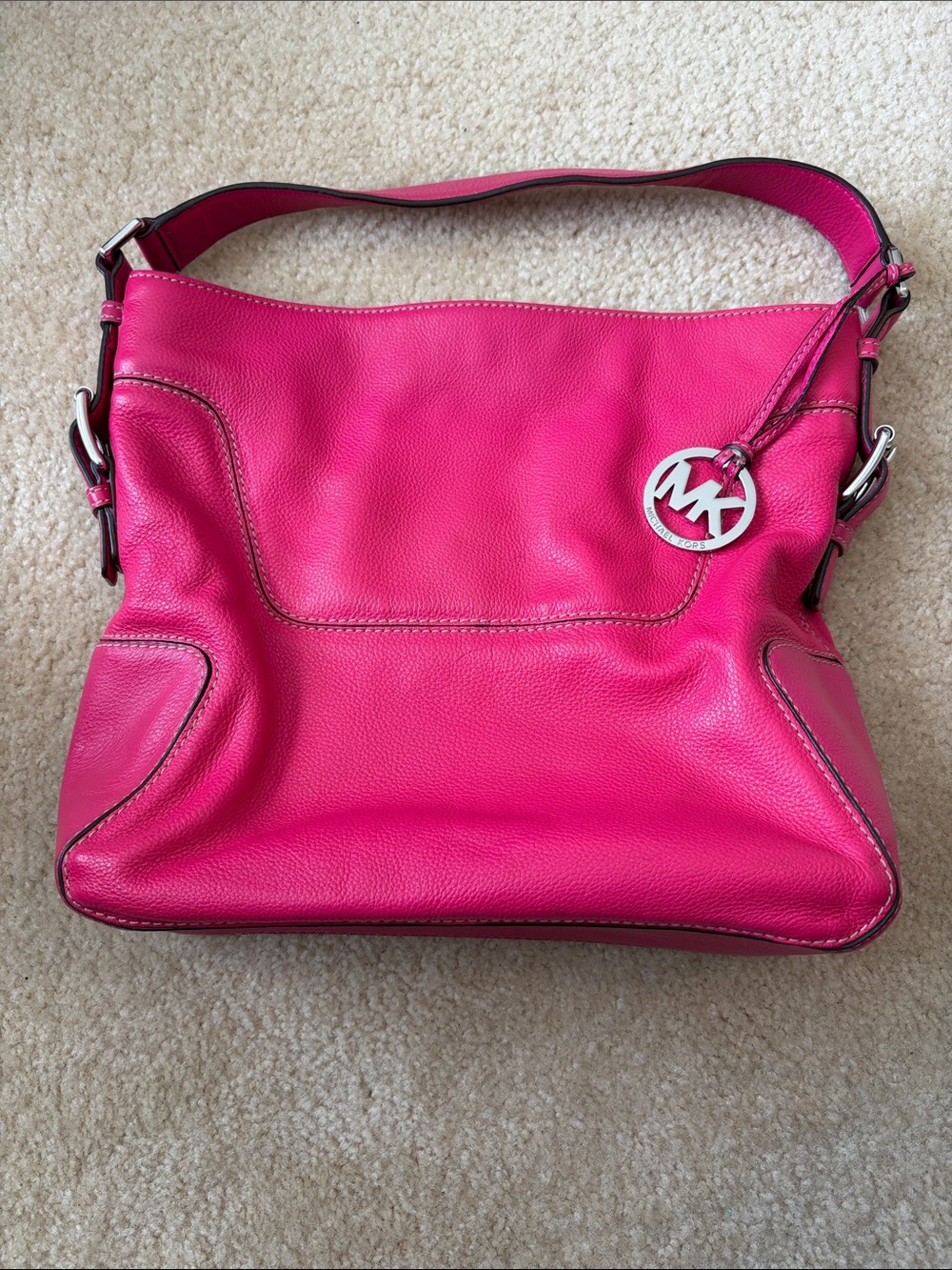 Michael Kors Hot Pink Pebbled Leather Shoulder Bag with Silver MK Charm